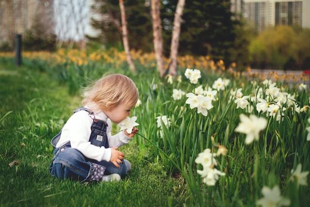 ילדה מריחה פרחים בפארק